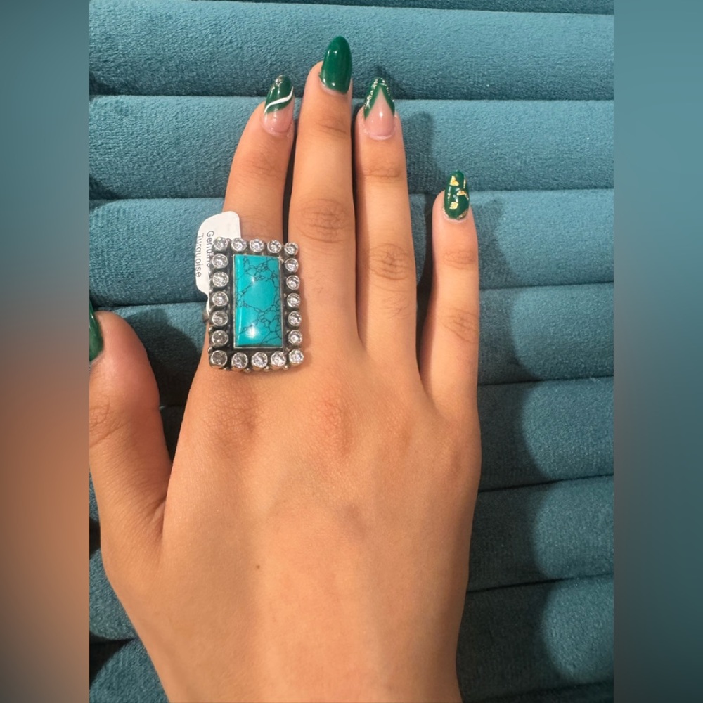 925 Sterling Silver Ring with Turquoise and CZ.  Adjustable Size